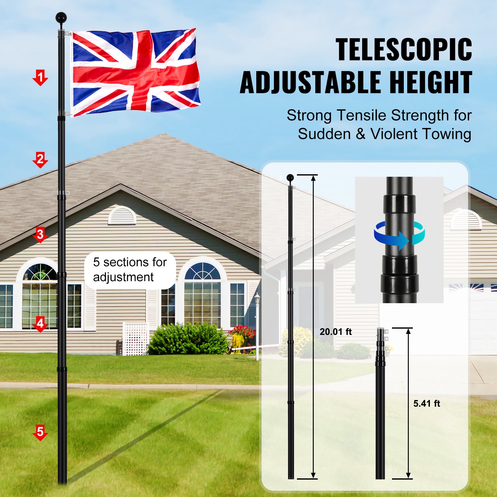 VEVOR 25FT Telescopic Flagpole Kit, Heavy Duty Aluminum Alloy Flag Pole Kit in Ground for Outside, 3 Display Modes Flagpole with Professional Accessories, British Flag, Black
