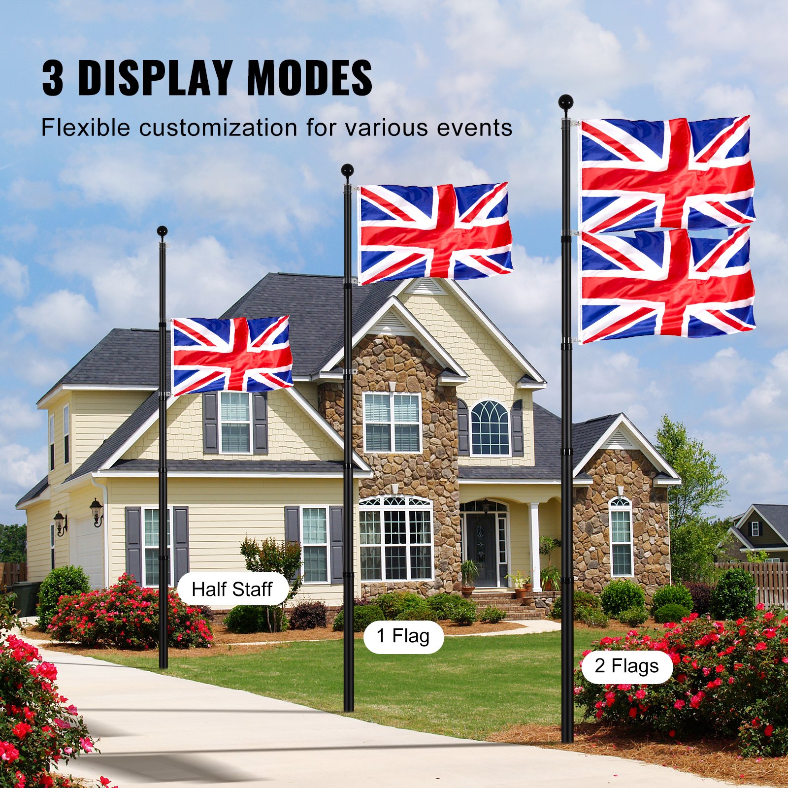 VEVOR 25FT Telescopic Flagpole Kit, Heavy Duty Aluminum Alloy Flag Pole Kit in Ground for Outside, 3 Display Modes Flagpole with Professional Accessories, British Flag, Black