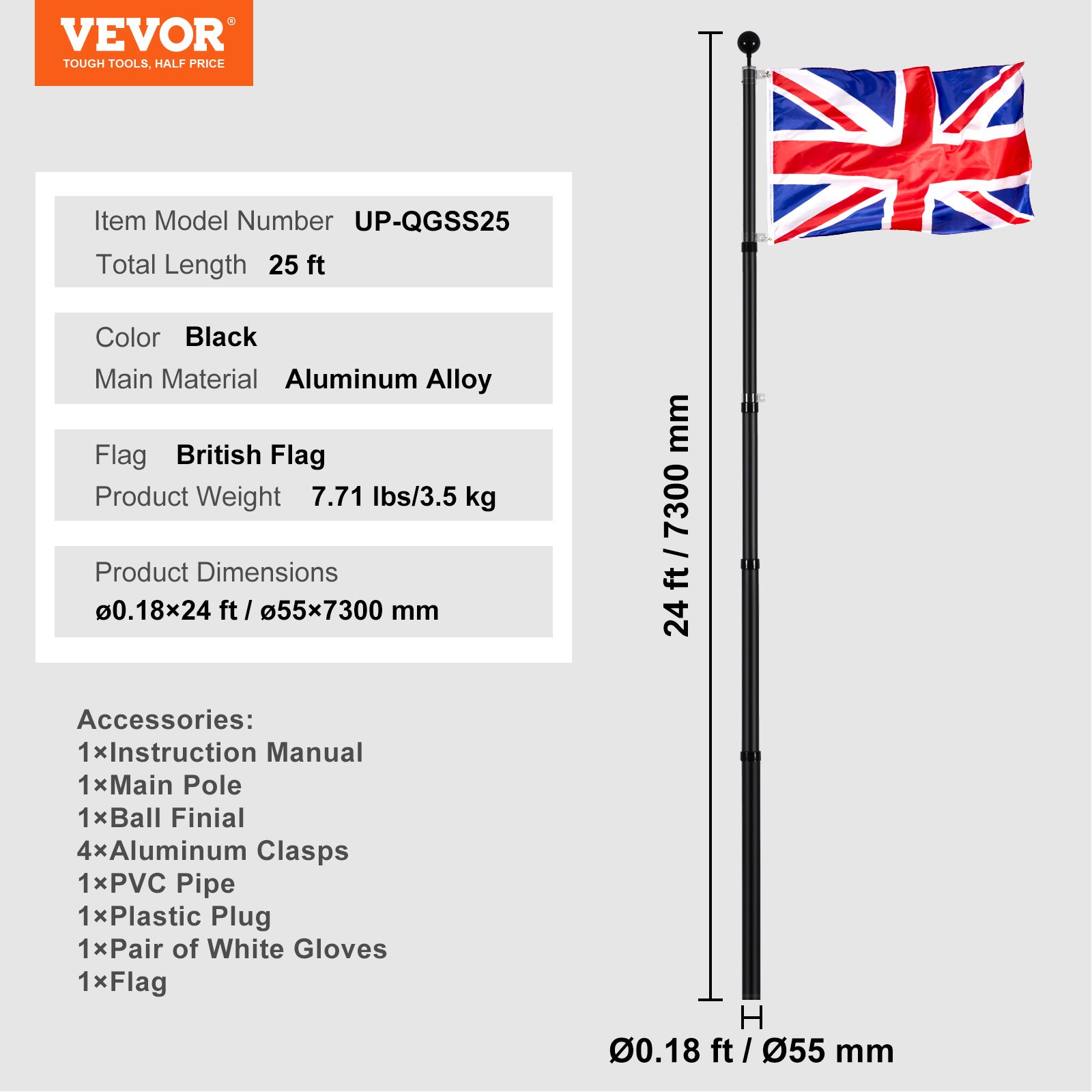 VEVOR 25FT Telescopic Flagpole Kit, Heavy Duty Aluminum Alloy Flag Pole Kit in Ground for Outside, 3 Display Modes Flagpole with Professional Accessories, British Flag, Black