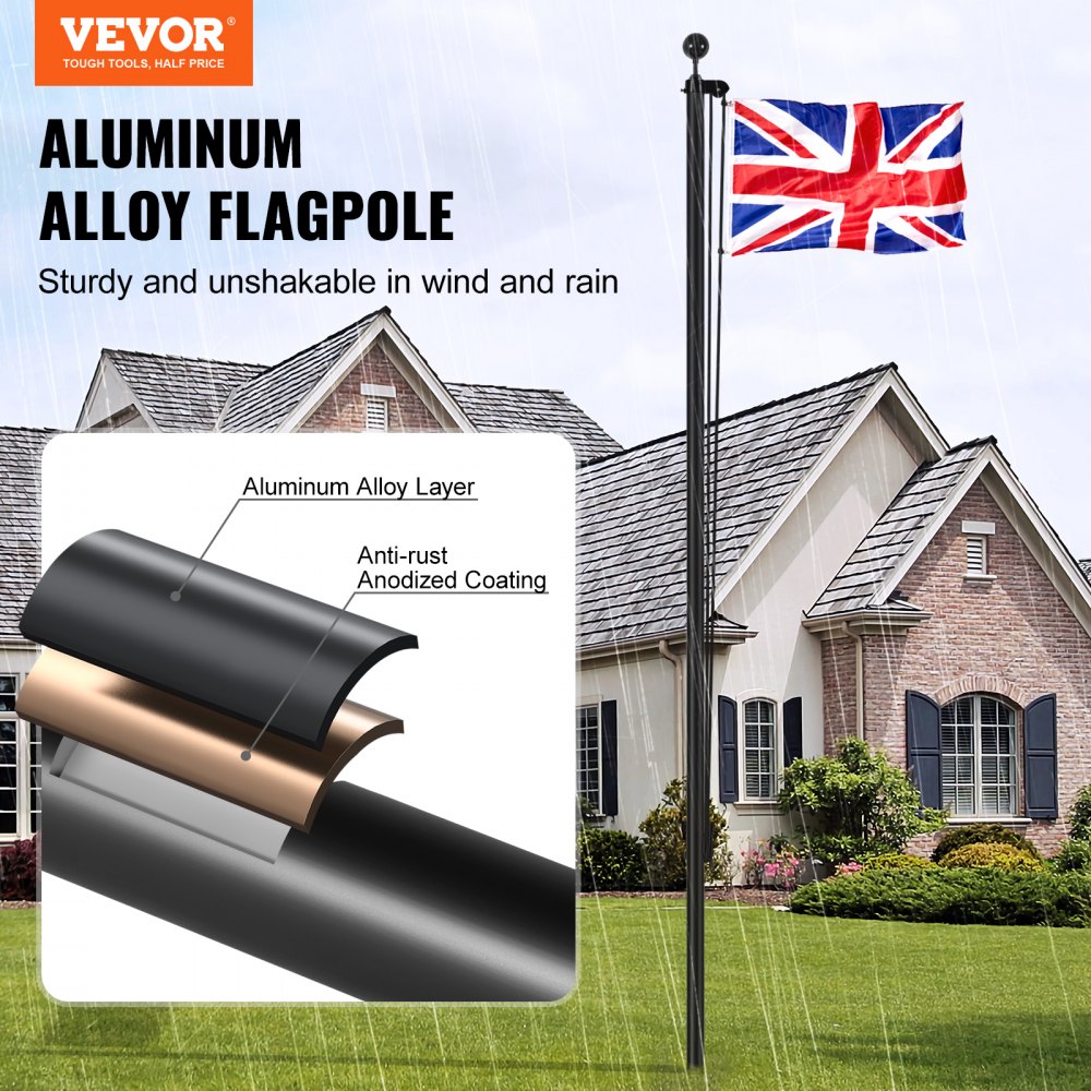 VEVOR 25FT Detachable Flagpole Kit, Heavy Duty Aluminum Alloy Flag Pole Kit in Ground for Outdoor, 3 Display Modes Flagpole with Professional Accessories, British Flag, Black