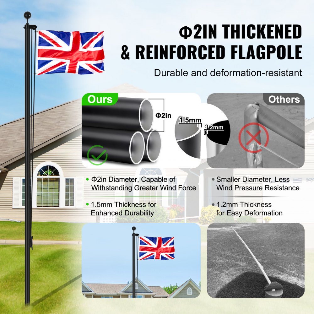 VEVOR 25FT Detachable Flagpole Kit, Heavy Duty Aluminum Alloy Flag Pole Kit in Ground for Outdoor, 3 Display Modes Flagpole with Professional Accessories, British Flag, Black