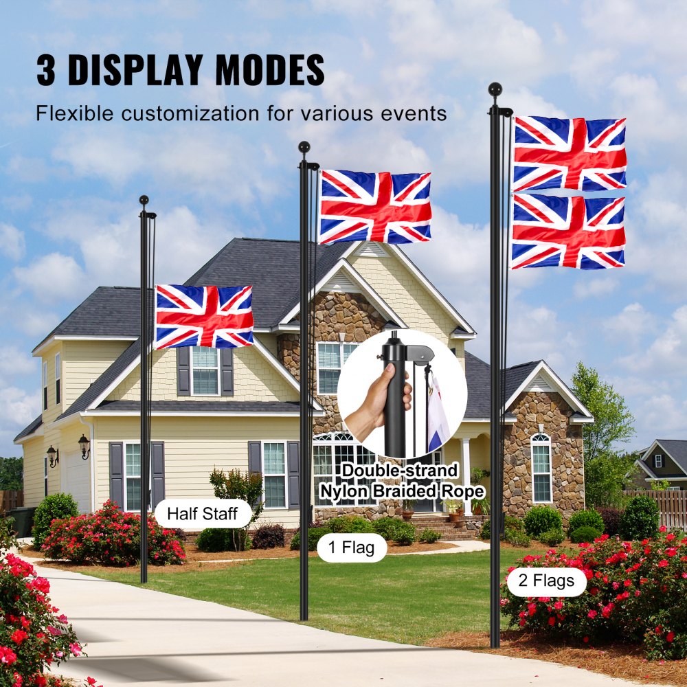 VEVOR 25FT Detachable Flagpole Kit, Heavy Duty Aluminum Alloy Flag Pole Kit in Ground for Outdoor, 3 Display Modes Flagpole with Professional Accessories, British Flag, Black