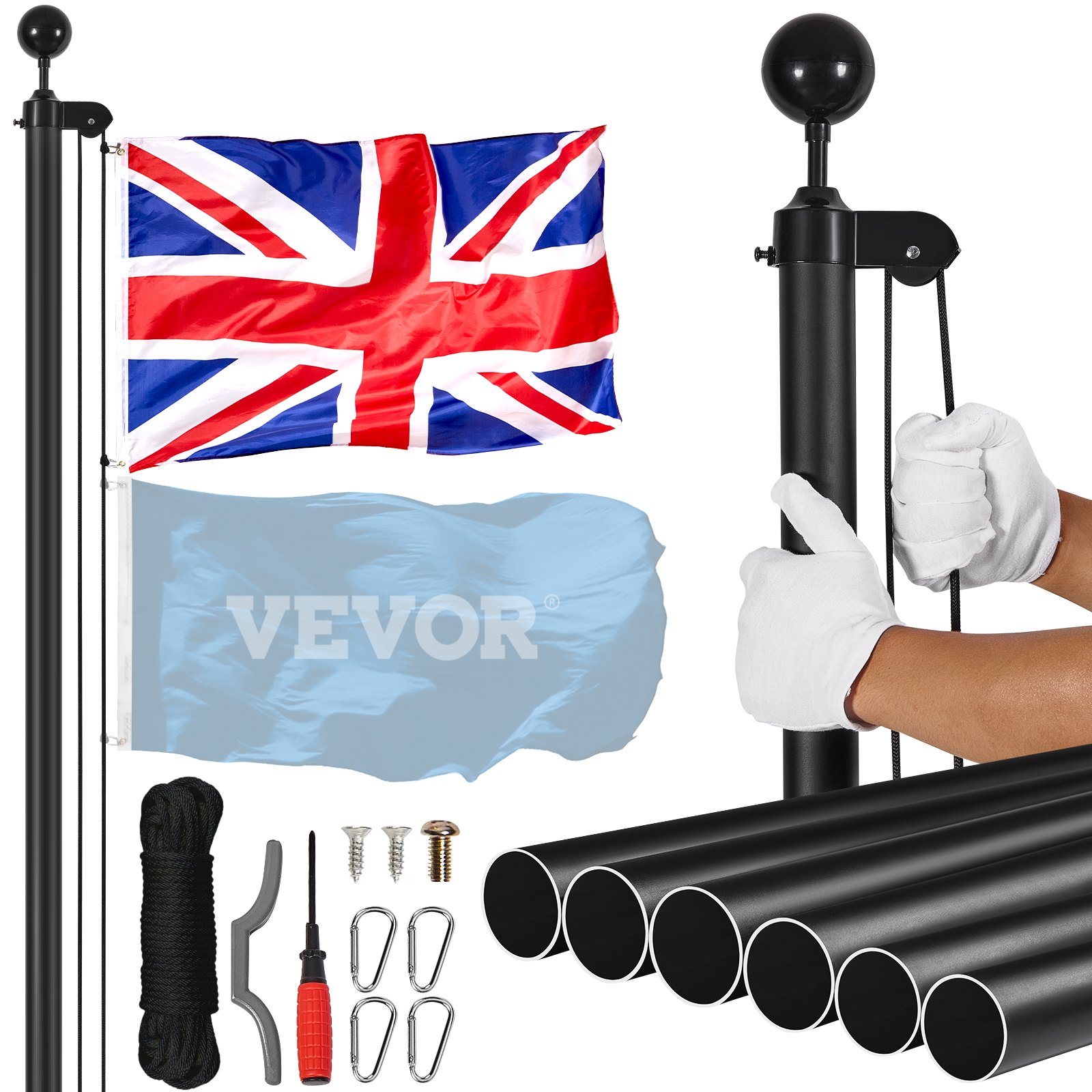 VEVOR 30FT Detachable Flagpole Kit, Heavy Duty Aluminum Alloy Flag Pole Kit in Ground for Outdoor, 3 Display Modes Flagpole with Professional Accessories, British Flag, Black