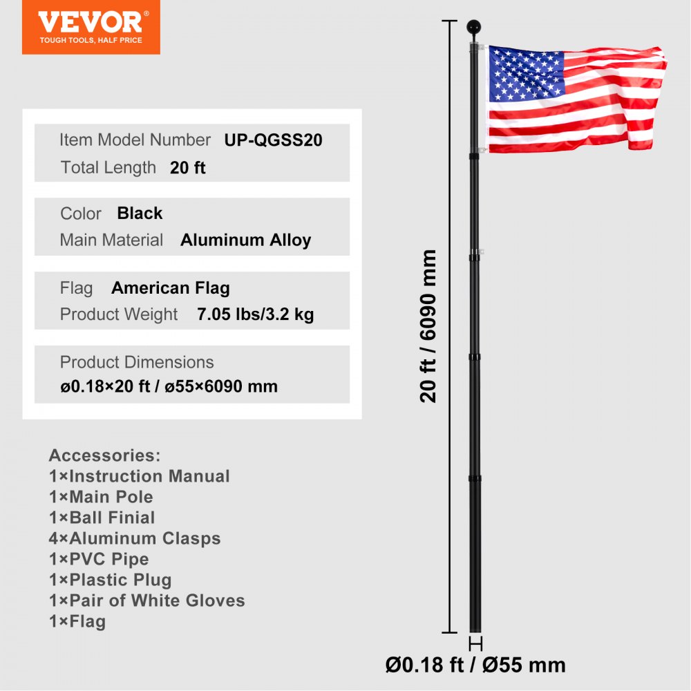 VEVOR 20FT Telescoping Flag pole Kit, Heavy Duty Aluminum Alloy in Ground Flag Poles for Outside, 3 Display Modes Flagpole with 3x5 American Flag, Professional Accessories, Black