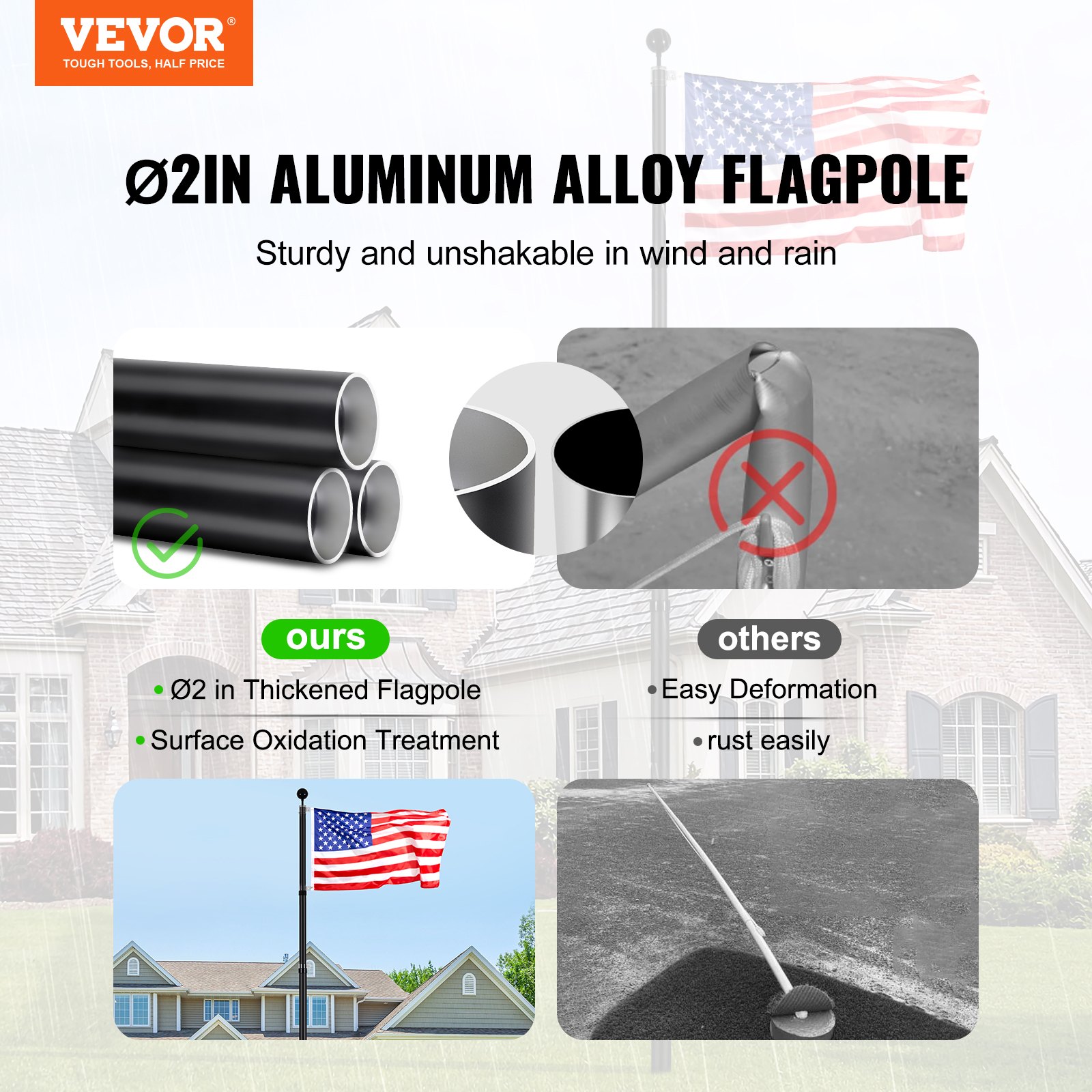 VEVOR 20FT Telescoping Flag pole Kit, Heavy Duty Aluminum Alloy in Ground Flag Poles for Outside, 3 Display Modes Flagpole with 3x5 American Flag, Professional Accessories, Black