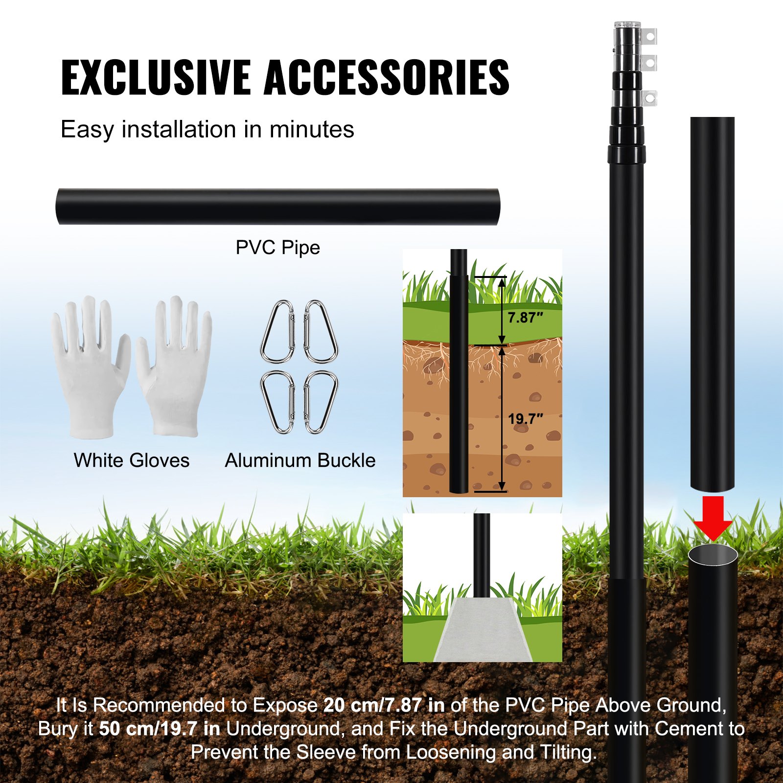 VEVOR 20FT Telescoping Flag pole Kit, Heavy Duty Aluminum Alloy in Ground Flag Poles for Outside, 3 Display Modes Flagpole with 3x5 American Flag, Professional Accessories, Black