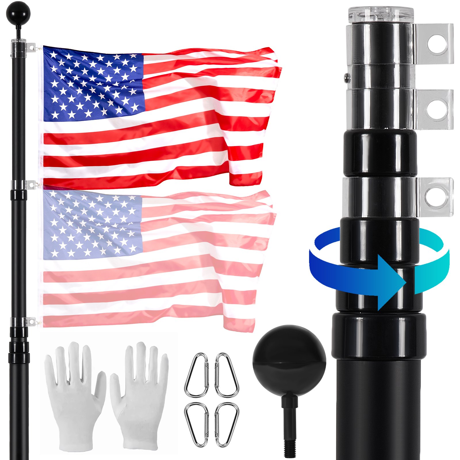 VEVOR 20FT Telescoping Flag pole Kit, Heavy Duty Aluminum Alloy in Ground Flag Poles for Outside, 3 Display Modes Flagpole with 3x5 American Flag, Professional Accessories, Black
