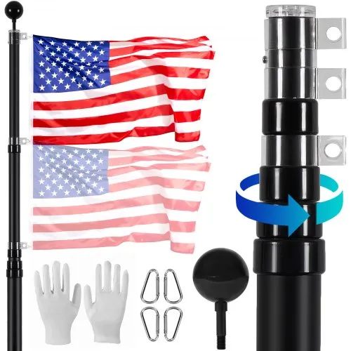 VEVOR 25FT Telescoping Flag pole Kit, Heavy Duty Aluminum Alloy in Ground Flag Poles for Outside, 3 Display Modes Flagpole with 3x5 American Flag, Professional Accessories, Black