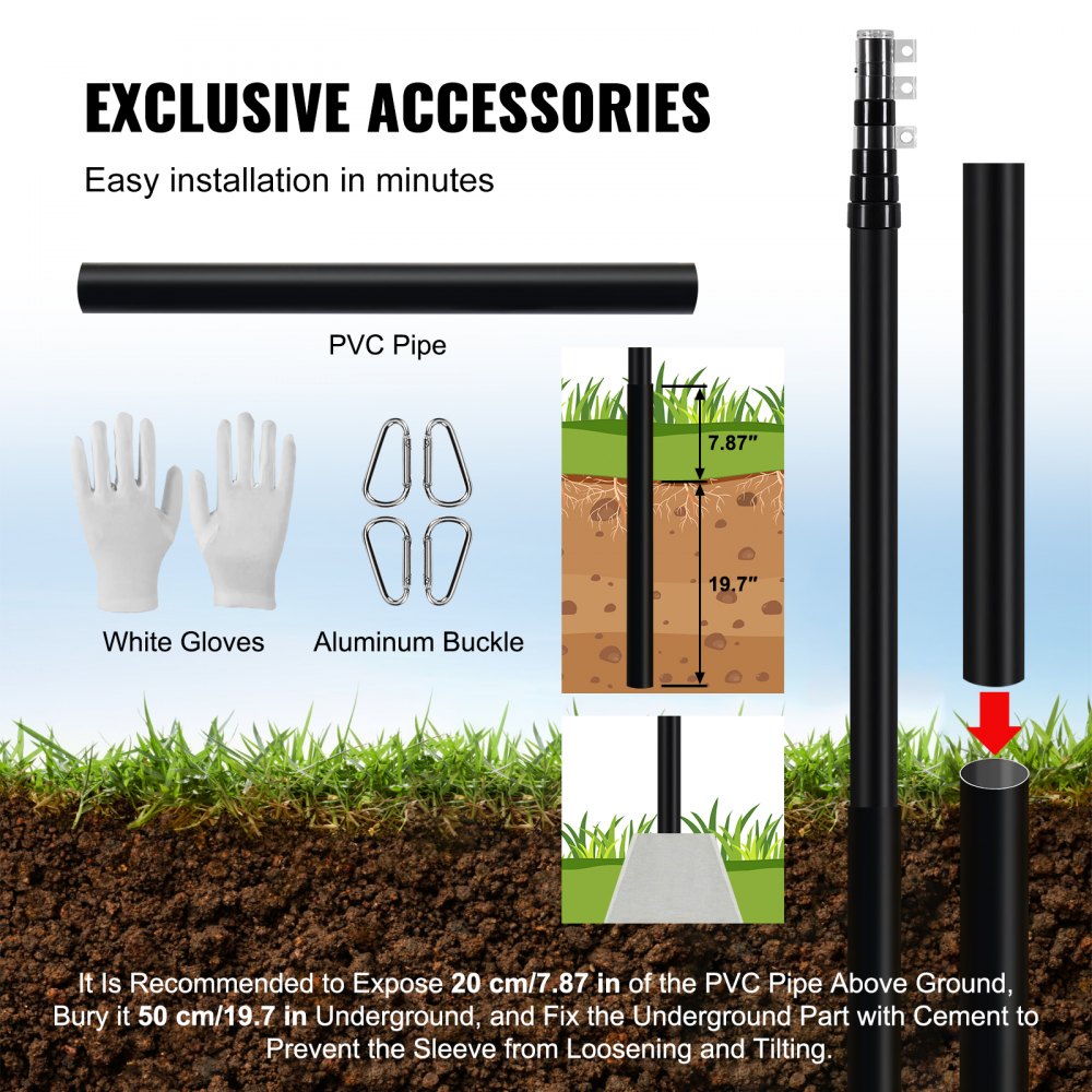 VEVOR 25FT Telescoping Flag pole Kit, Heavy Duty Aluminum Alloy in Ground Flag Poles for Outside, 3 Display Modes Flagpole with 3x5 American Flag, Professional Accessories, Black