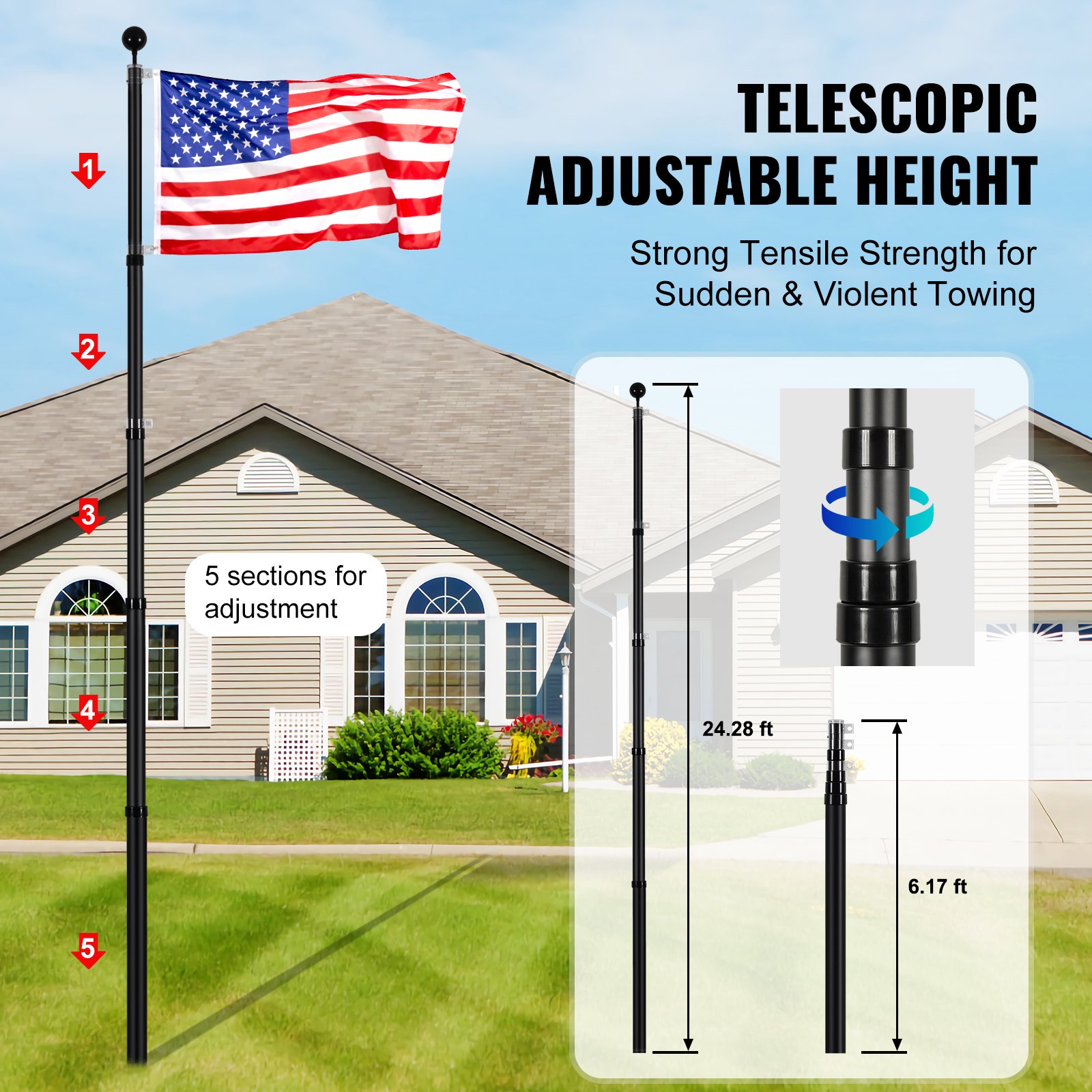 VEVOR 25FT Telescoping Flag pole Kit, Heavy Duty Aluminum Alloy in Ground Flag Poles for Outside, 3 Display Modes Flagpole with 3x5 American Flag, Professional Accessories, Black
