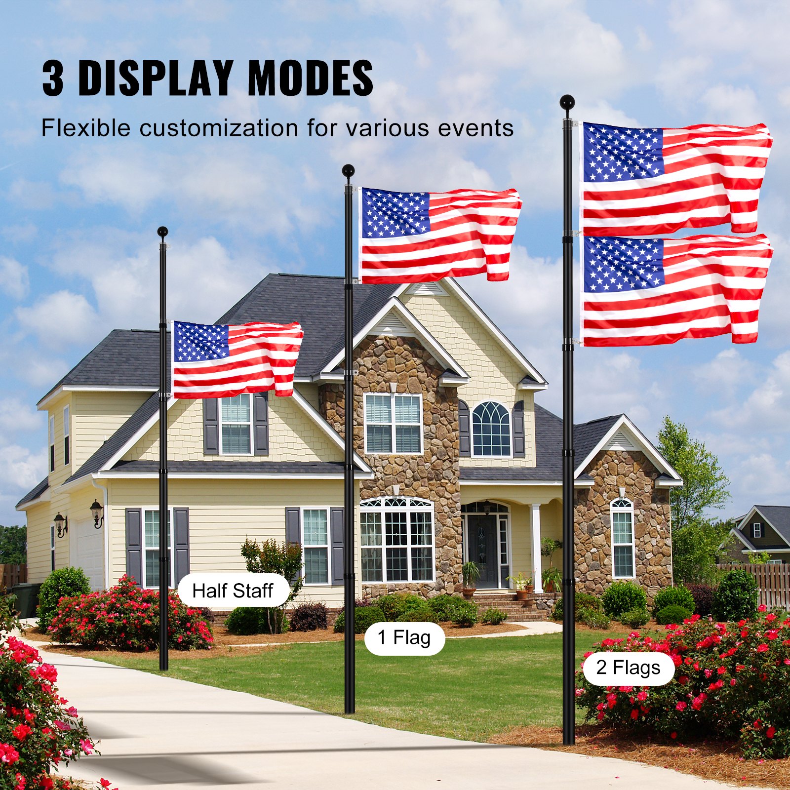 VEVOR 25FT Telescoping Flag pole Kit, Heavy Duty Aluminum Alloy in Ground Flag Poles for Outside, 3 Display Modes Flagpole with 3x5 American Flag, Professional Accessories, Black