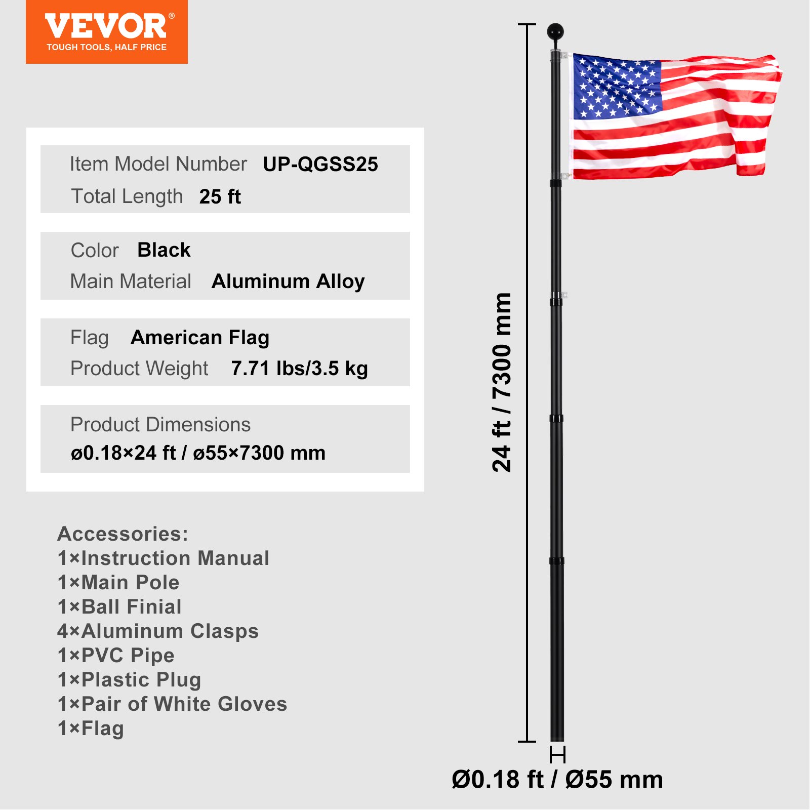 VEVOR 25FT Telescoping Flag pole Kit, Heavy Duty Aluminum Alloy in Ground Flag Poles for Outside, 3 Display Modes Flagpole with 3x5 American Flag, Professional Accessories, Black