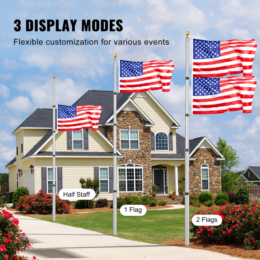 VEVOR 20FT Telescoping Flag pole Kit, Heavy Duty Aluminum Alloy in Ground Flag Poles for Outside, 3 Display Modes Flagpole with 3x5 American Flag, Professional Accessories, Silver