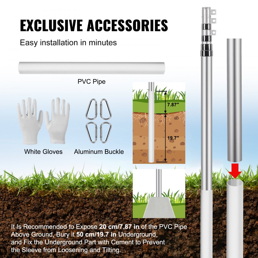 VEVOR 20FT Telescoping Flag pole Kit, Heavy Duty Aluminum Alloy in Ground Flag Poles for Outside, 3 Display Modes Flagpole with 3x5 American Flag, Professional Accessories, Silver