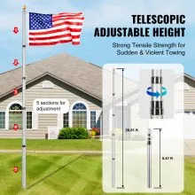 VEVOR 20FT Telescoping Flag pole Kit, Heavy Duty Aluminum Alloy in Ground Flag Poles for Outside, 3 Display Modes Flagpole with 3x5 American Flag, Professional Accessories, Silver