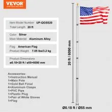 VEVOR 20FT Telescoping Flag pole Kit, Heavy Duty Aluminum Alloy in Ground Flag Poles for Outside, 3 Display Modes Flagpole with 3x5 American Flag, Professional Accessories, Silver