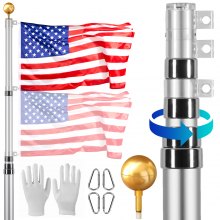 VEVOR 20FT Telescoping Flag pole Kit, Heavy Duty Aluminum Alloy in Ground Flag Poles for Outside, 3 Display Modes Flagpole with 3x5 American Flag, Professional Accessories, Silver