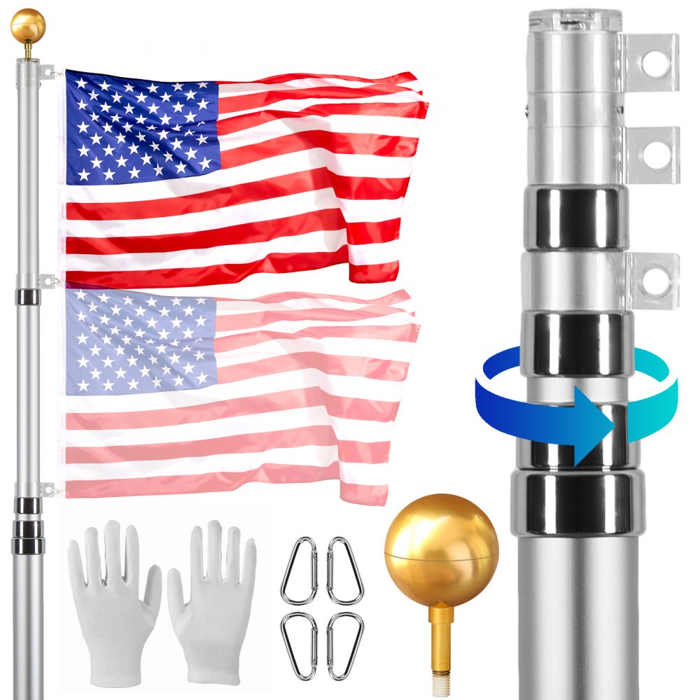 VEVOR 25FT Telescoping Flag pole Kit, Heavy Duty Aluminum Alloy in Ground Flag Poles for Outside, 3 Display Modes Flagpole with 3x5 American Flag, Professional Accessories, Silver