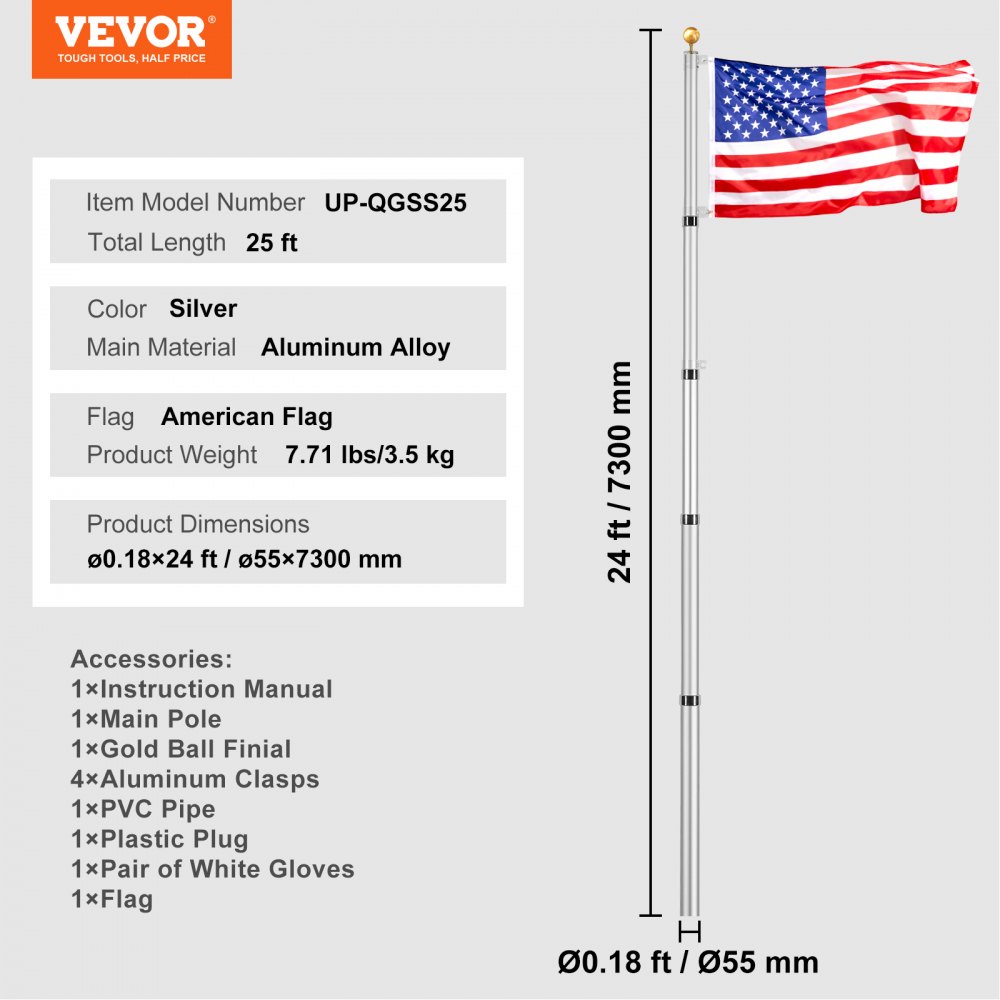 VEVOR 25FT Telescoping Flag pole Kit, Heavy Duty Aluminum Alloy in Ground Flag Poles for Outside, 3 Display Modes Flagpole with 3x5 American Flag, Professional Accessories, Silver