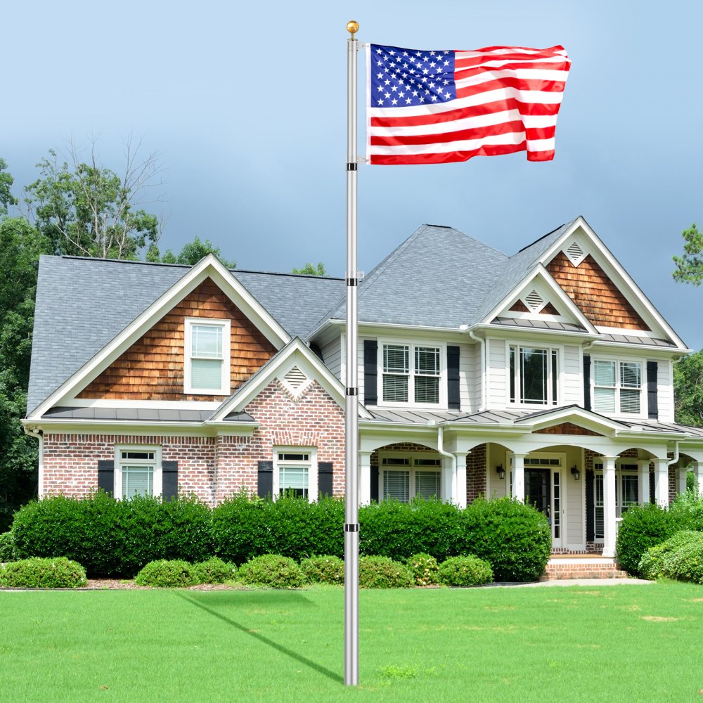 VEVOR 25FT Telescoping Flag pole Kit, Heavy Duty Aluminum Alloy in Ground Flag Poles for Outside, 3 Display Modes Flagpole with 3x5 American Flag, Professional Accessories, Silver