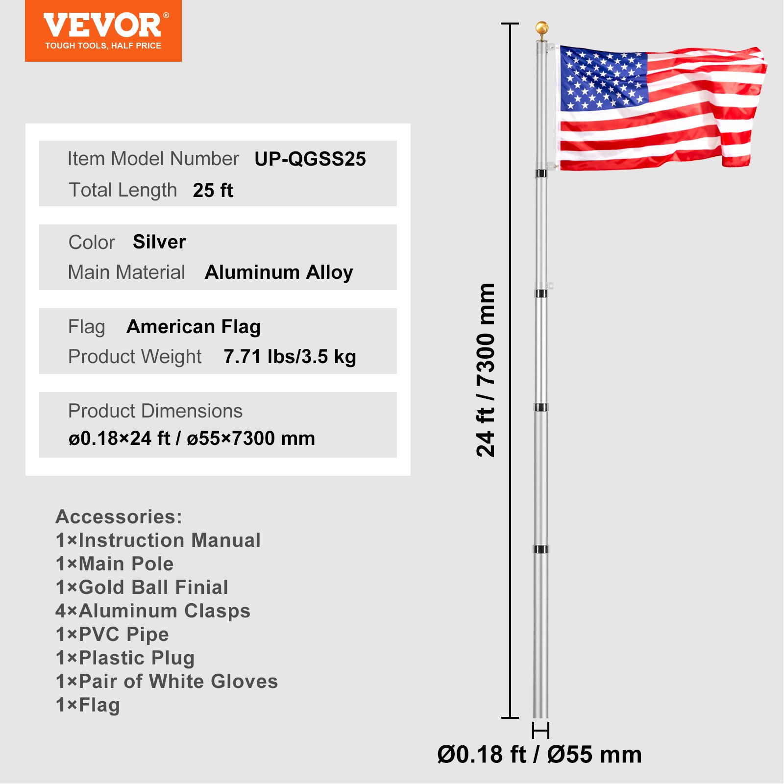 VEVOR 25FT Telescoping Flag pole Kit, Heavy Duty Aluminum Alloy in Ground Flag Poles for Outside, 3 Display Modes Flagpole with 3x5 American Flag, Professional Accessories, Silver