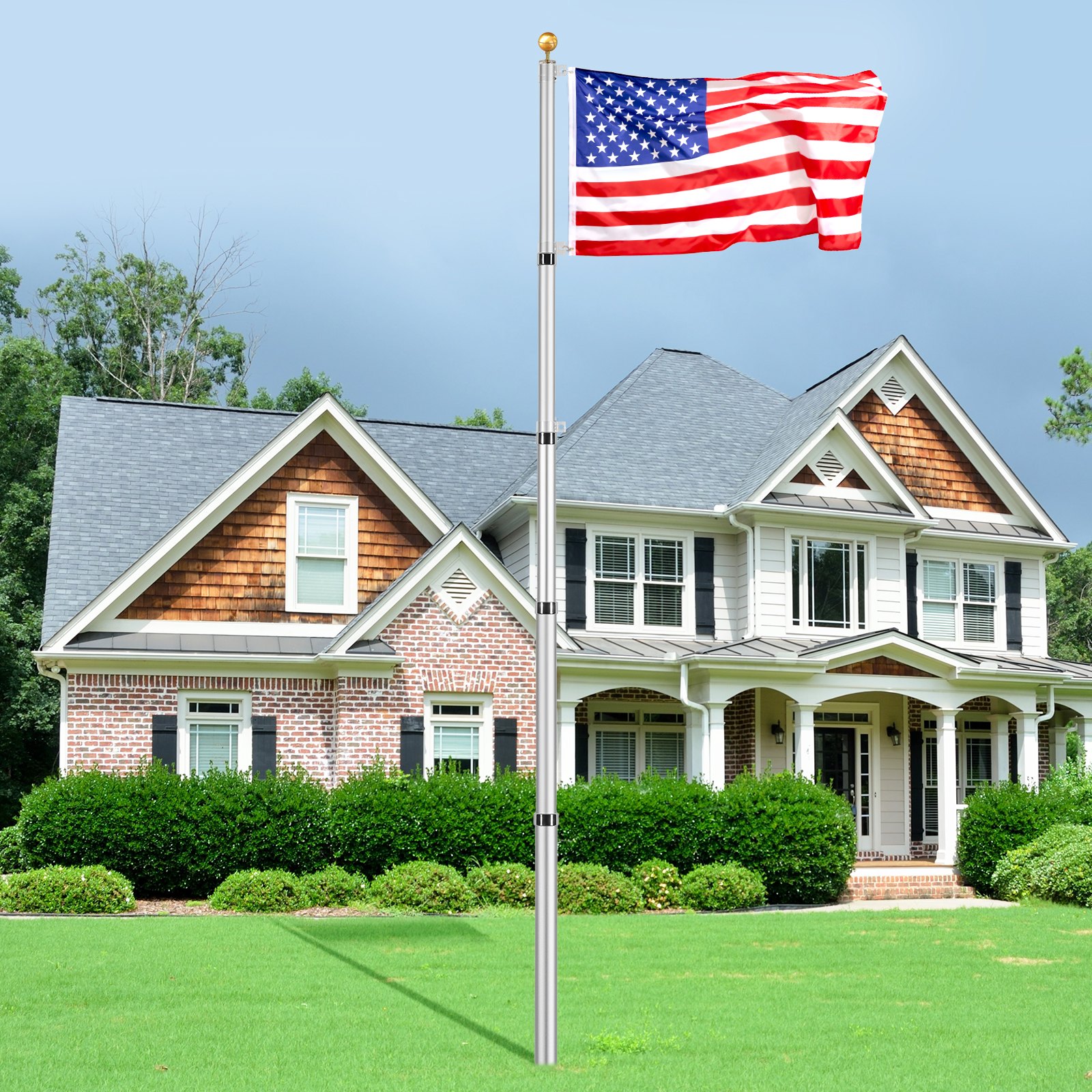 VEVOR 25FT Telescoping Flag pole Kit, Heavy Duty Aluminum Alloy in Ground Flag Poles for Outside, 3 Display Modes Flagpole with 3x5 American Flag, Professional Accessories, Silver