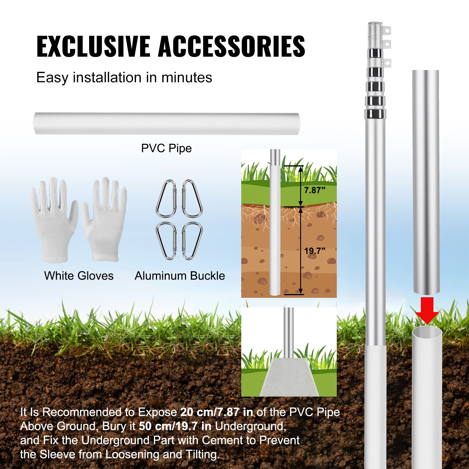 VEVOR 30FT Telescoping Flag pole Kit, Heavy Duty Aluminum Alloy in Ground Flag Poles for Outside, 3 Display Modes Flagpole with 3x5 American Flag, Professional Accessories, Silver