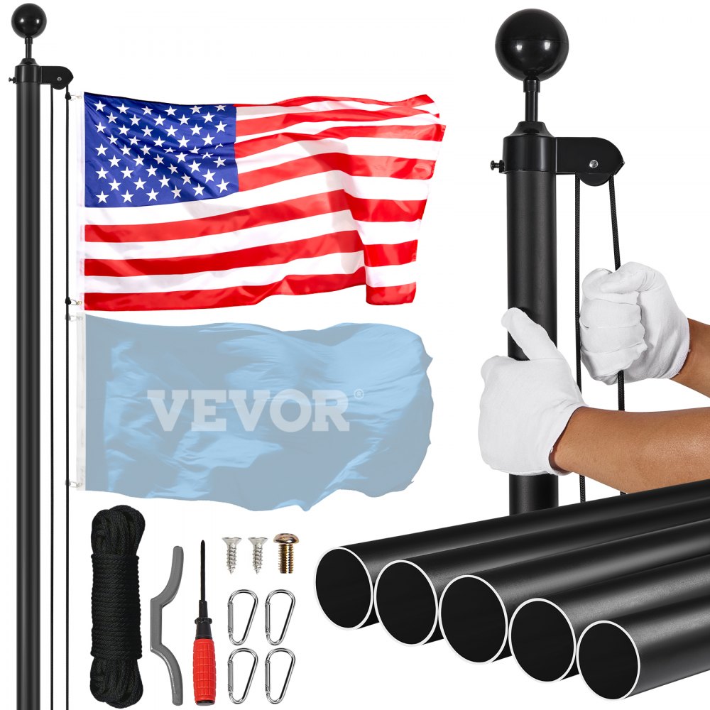 VEVOR flagpole kit with american flag, glove-clad hands, poles, and installation tools.