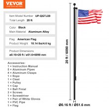 VEVOR 20FT Detachable Flagpole Kit Heavy Duty Aluminum Flag Pole American Black