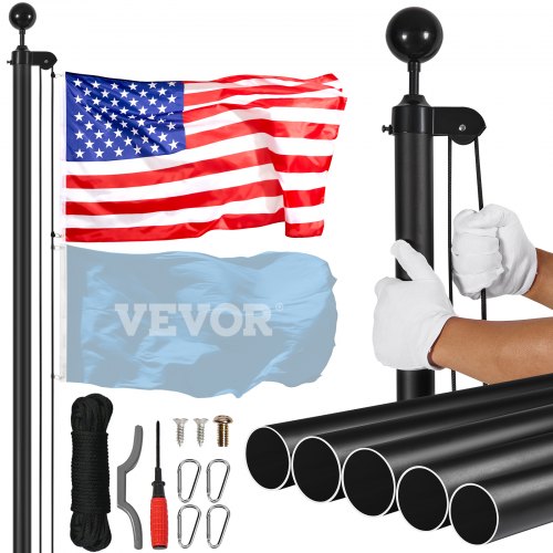 VEVOR 25FT Sectional Flag pole Kit, Heavy Duty Aluminum Alloy in Ground Flag poles for Outside, 3 Display Modes Flagpole with 3x5 American Flag, Professional Accessories, Black