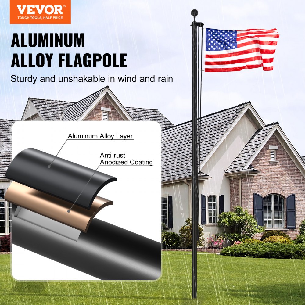 VEVOR 25FT Sectional Flag pole Kit, Heavy Duty Aluminum Alloy in Ground Flag poles for Outside, 3 Display Modes Flagpole with 3x5 American Flag, Professional Accessories, Black