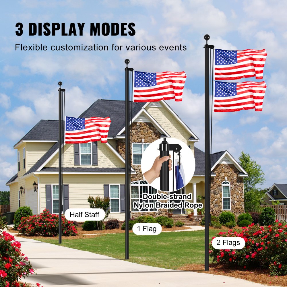 VEVOR 25FT Sectional Flag pole Kit, Heavy Duty Aluminum Alloy in Ground Flag poles for Outside, 3 Display Modes Flagpole with 3x5 American Flag, Professional Accessories, Black