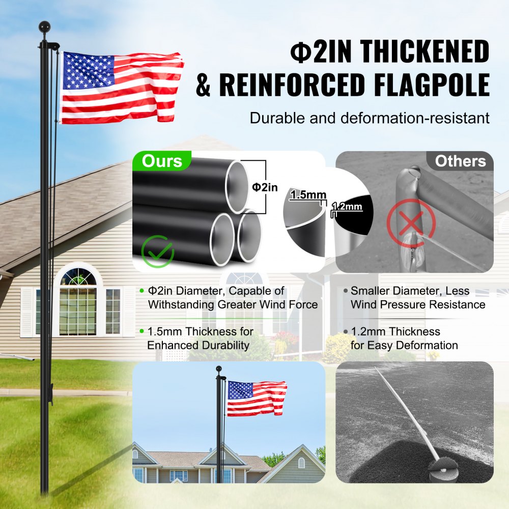VEVOR 25FT Sectional Flag pole Kit, Heavy Duty Aluminum Alloy in Ground Flag poles for Outside, 3 Display Modes Flagpole with 3x5 American Flag, Professional Accessories, Black
