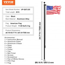 VEVOR 25FT Detachable Flagpole Kit Heavy Duty Aluminum Flag Pole American Black