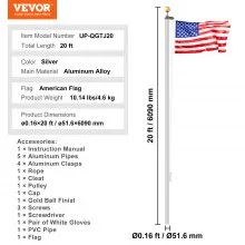VEVOR 20FT Detachable Flagpole Kit Heavy Duty Aluminum Flag Pole American Silver