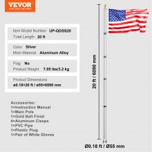 VEVOR 20FT Telescopic Flagpole Kit, Heavy Duty Aluminum Alloy Flag Pole Kit in Ground for Outside, 3 Display Modes Flagpole with Professional Accessories, Silver