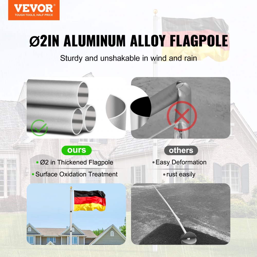 VEVOR 20FT Telescopic Flagpole Kit, Heavy Duty Aluminum Alloy Flag Pole Kit in Ground for Outside, 3 Display Modes Flagpole with Professional Accessories, German Flag, Silver