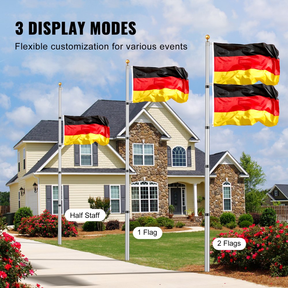 VEVOR 20FT Telescopic Flagpole Kit, Heavy Duty Aluminum Alloy Flag Pole Kit in Ground for Outside, 3 Display Modes Flagpole with Professional Accessories, German Flag, Silver