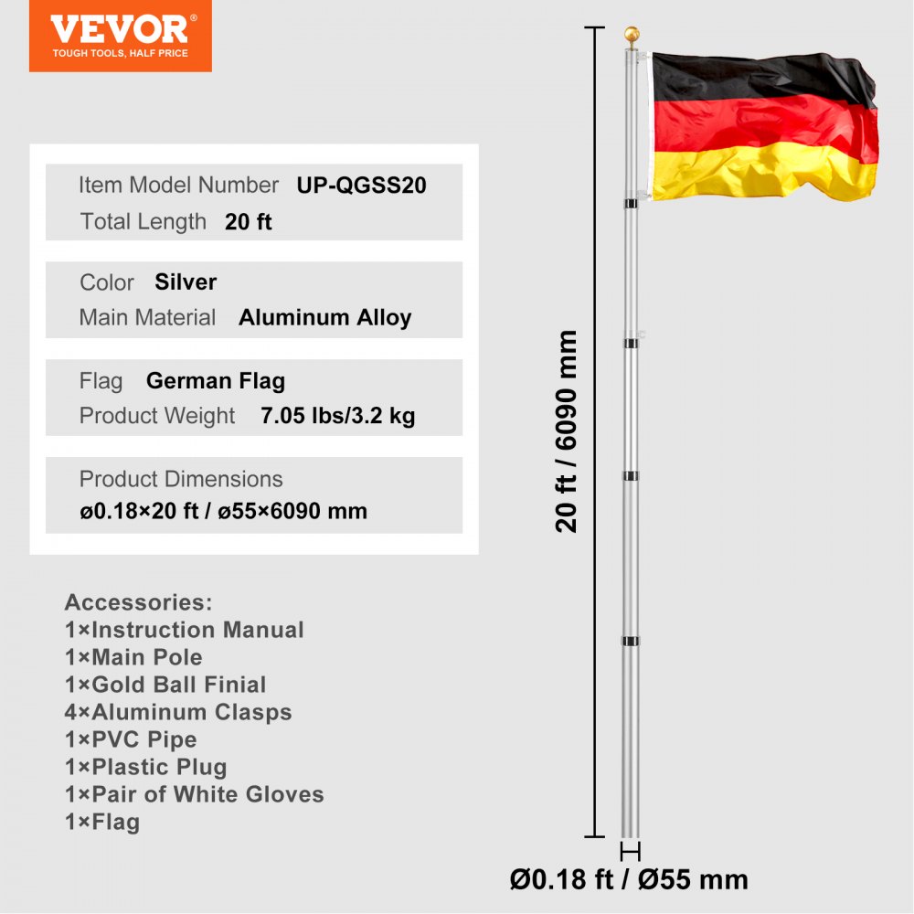 VEVOR 20FT Telescopic Flagpole Kit, Heavy Duty Aluminum Alloy Flag Pole Kit in Ground for Outside, 3 Display Modes Flagpole with Professional Accessories, German Flag, Silver