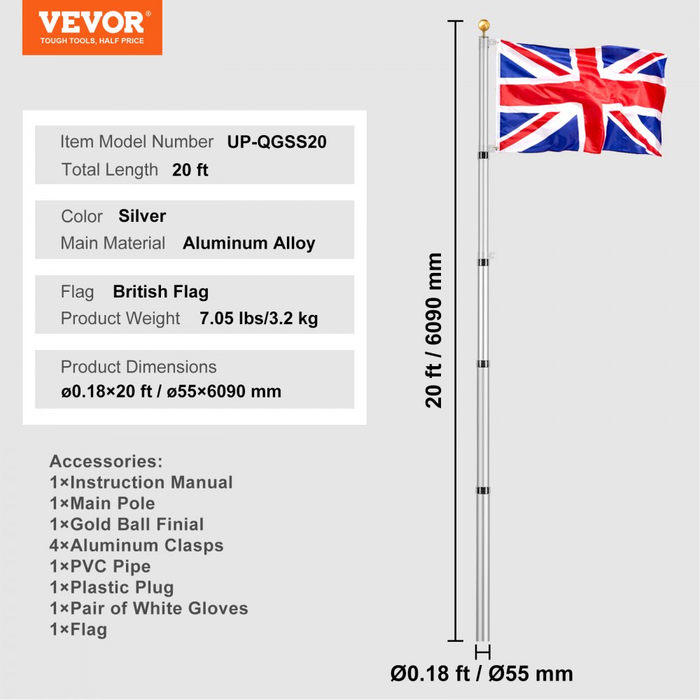 VEVOR 20FT Telescopic Flagpole Kit, Heavy Duty Aluminum Alloy Flag Pole Kit in Ground for Outside, 3 Display Modes Flagpole with Professional Accessories, British Flag, Silver