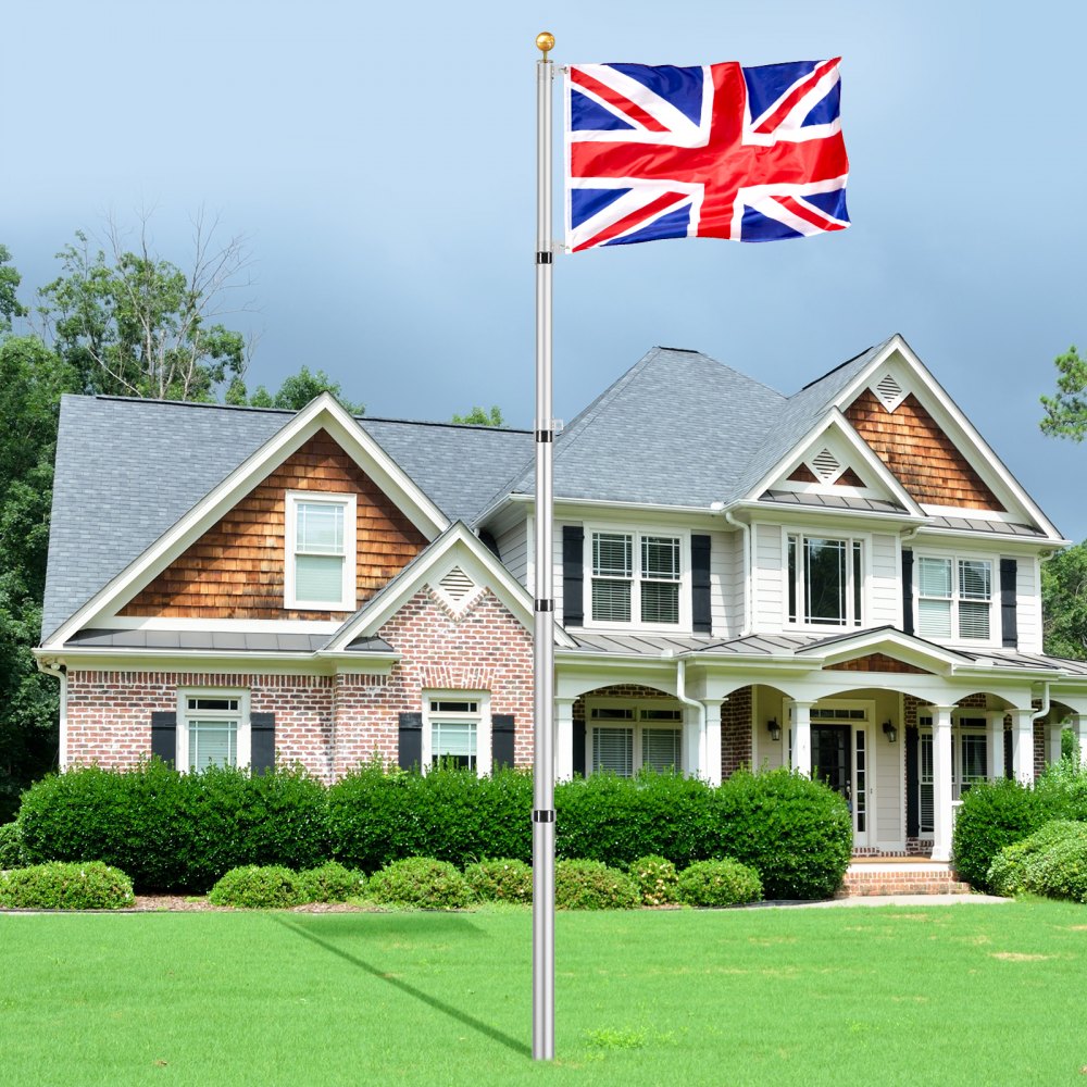 VEVOR 20FT Telescopic Flagpole Kit, Heavy Duty Aluminum Alloy Flag Pole Kit in Ground for Outside, 3 Display Modes Flagpole with Professional Accessories, British Flag, Silver