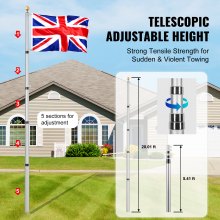 VEVOR 20FT Telescopic Flagpole Kit Heavy Duty Aluminum Flag Pole British Silver