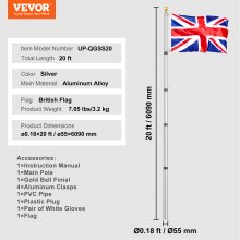 VEVOR 20FT Telescopic Flagpole Kit Heavy Duty Aluminum Flag Pole British Silver