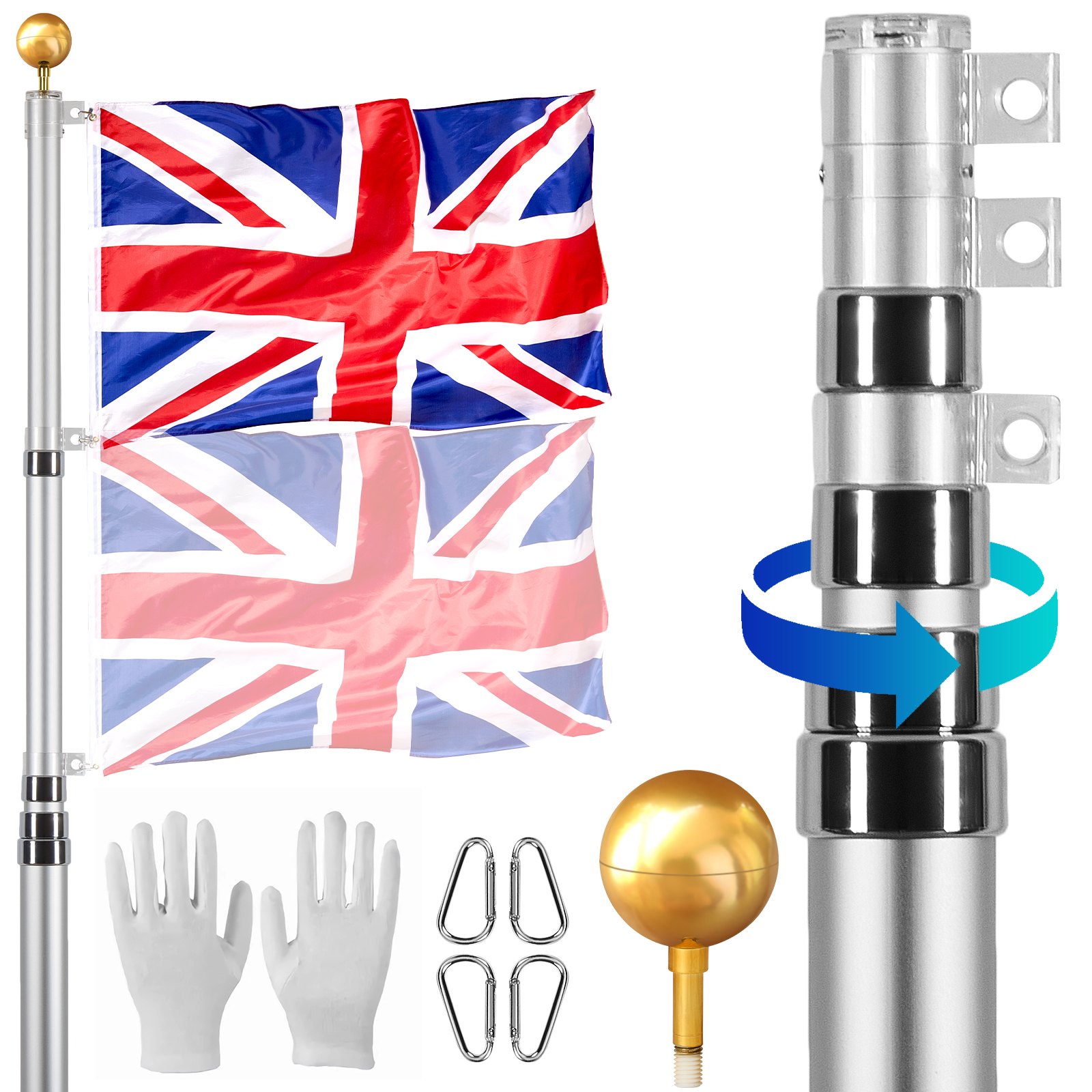 VEVOR 20FT Telescopic Flagpole Kit, Heavy Duty Aluminum Alloy Flag Pole Kit in Ground for Outside, 3 Display Modes Flagpole with Professional Accessories, British Flag, Silver