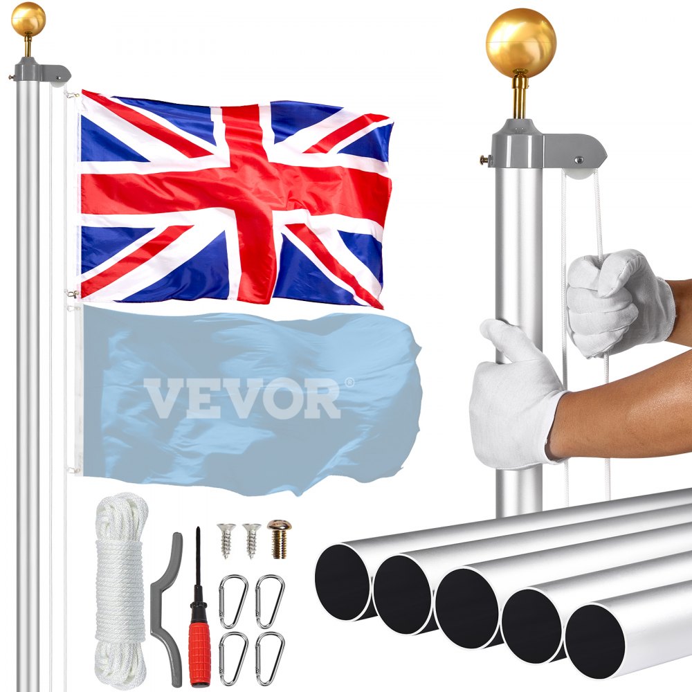 VEVOR 20FT Detachable Flagpole Kit Heavy Duty Aluminum Flag Pole British Silver