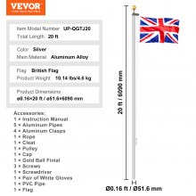 VEVOR 20FT Detachable Flagpole Kit Heavy Duty Aluminum Flag Pole British Silver