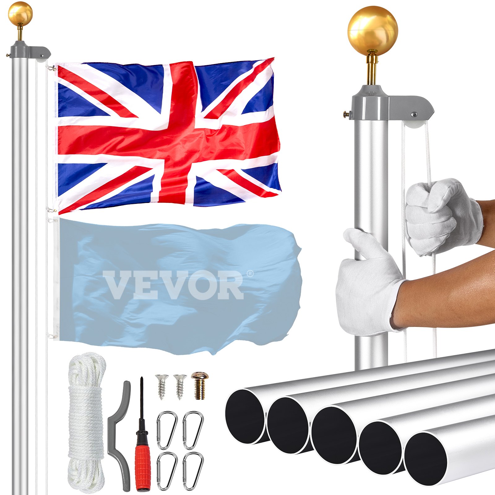 VEVOR 20FT Detachable Flagpole Kit, Heavy Duty Aluminum Alloy Flag Pole Kit in Ground for Outdoor, 3 Display Modes Flagpole with Professional Accessories, British Flag, Silver