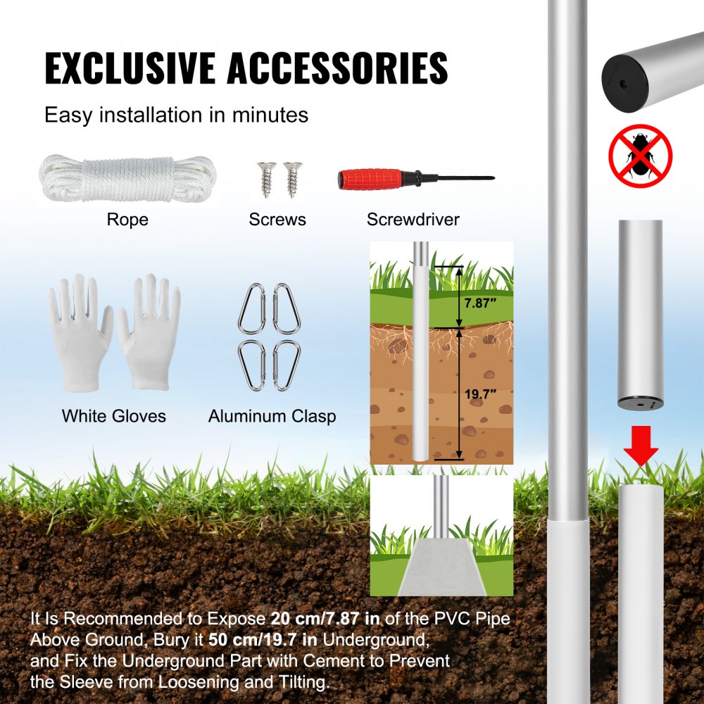 VEVOR 20FT Detachable Flagpole Kit, Heavy Duty Aluminum Alloy Flag Pole Kit in Ground for Outdoor, 3 Display Modes Flagpole with Professional Accessories, Silver