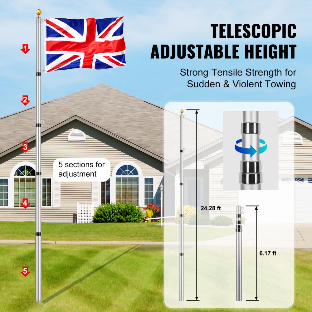 VEVOR 25FT Telescopic Flagpole Kit, Heavy Duty Aluminum Alloy Flag Pole Kit in Ground for Outside, 3 Display Modes Flagpole with Professional Accessories, British Flag, Silver