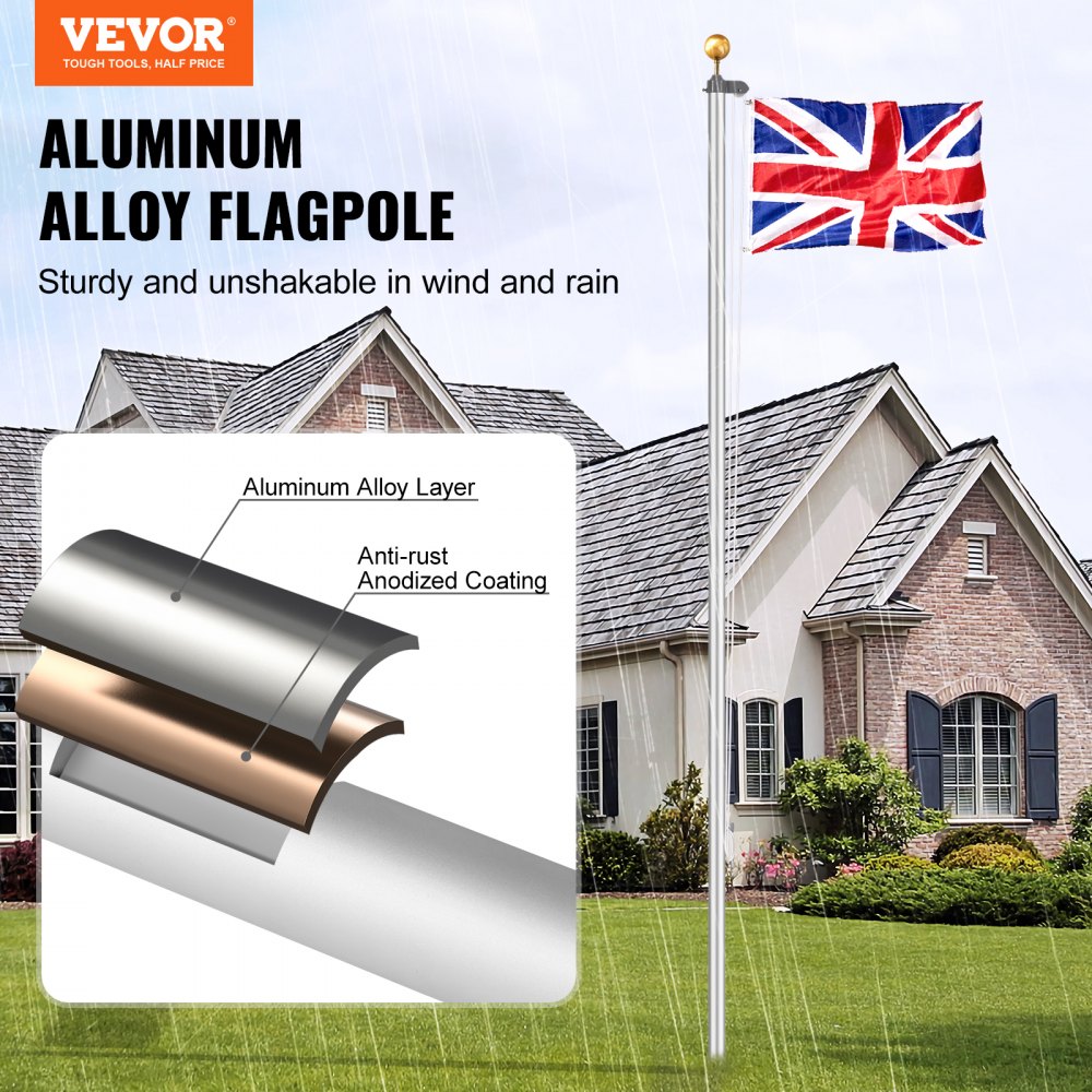 VEVOR 25FT Detachable Flagpole Kit, Heavy Duty Aluminum Alloy Flag Pole Kit in Ground for Outdoor, 3 Display Modes Flagpole with Professional Accessories, British Flag, Silver